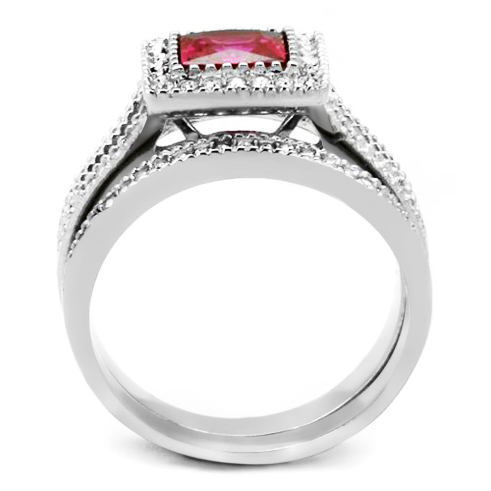 ARTK2293 Stainless Steel 1.64 Ct Princess Cut Ruby Zirconia Halo Wedding Ring Set Sz 5-10